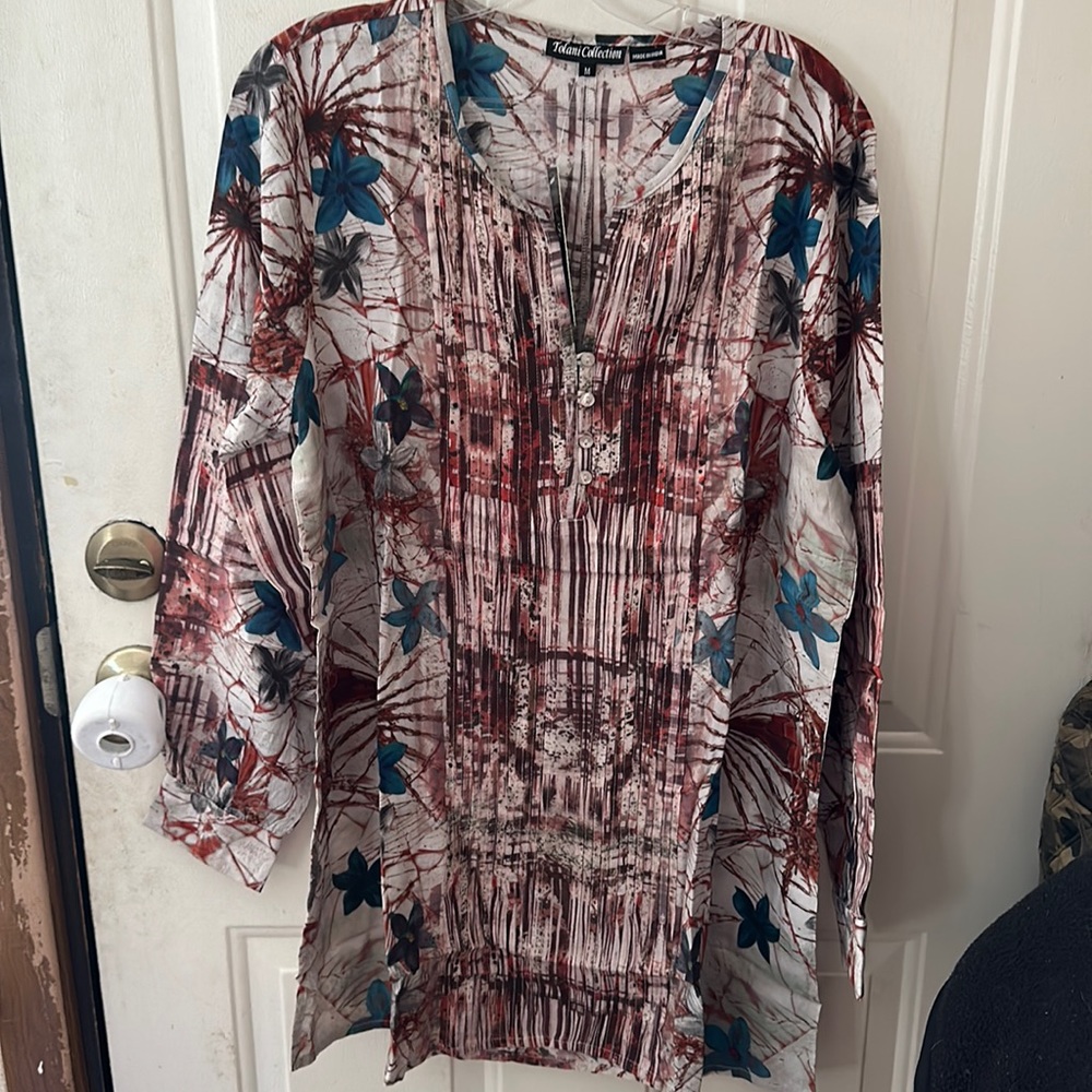 TOLANI COLLECTION MONIQUE TUNIC: GRAY/BLUE: NWT: SZ M